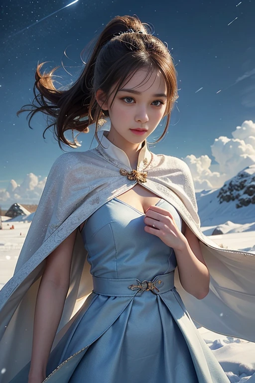 masterpiece, (highest quality: 1.2), (Super fine: 1.2), figure, (very delicate and beautiful: 1.2), film angle, floating, (beautiful detail eyes: 1.1), (detail light: 1.1), film light, delicate sky, woman, gray hair,(high ponytail: 1.1), shining eyeoon: 1.2), (moonlight: 1.1), starry sky, (particles of light: 1.1), fog , snow painting, sketch, bloom,Wind Flowers on a Clear Sky,cape,Powdery snow flurries on a clear day,The wind is blowing,Snow is falling,Women have the fortitude to endure sadness,34yo woman,Casual wear,Sad feelings,Dancing snow,The pain of losing a man,cape,Cape of Sadness,A cheap, mass-produced, plain dress,A typical cheap dress,Too beautiful mature woman,Casual everyday wear,Casual clothes that aren't too dressy,