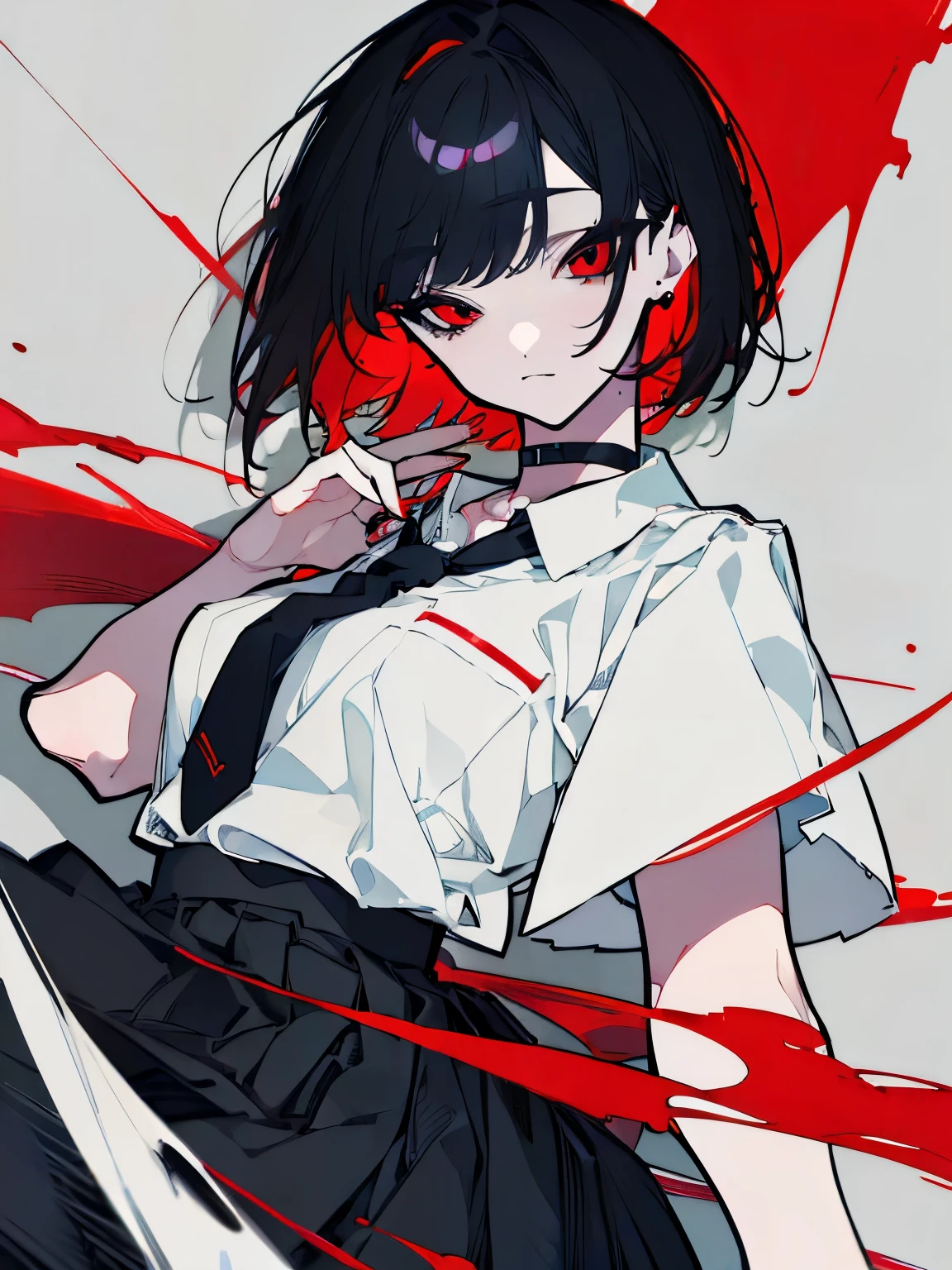 (Highest quality、masterpiece:1.2), ((Mature Woman)) Black Hair, short hair、Red inner hair、Red eyes, Sharp Eye、(tie,White shirt, Pleated skirt、choker、Roll up your sleeves), Earrings,