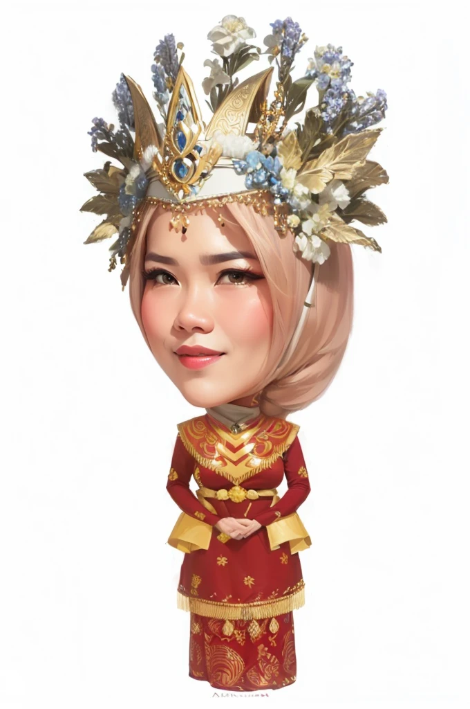 a close up of a woman wearing a headdress,Indonesian traditional clothes, inspired by JoWOnder, inspired by Mym Tuma, with crown, potrait, emir, inspired by Basuki Abdullah, portrait of modern darna, chibi, caricature illustration, inspired by I Ketut Soki, inspired by Altoon Sultan, protrait, full protrait