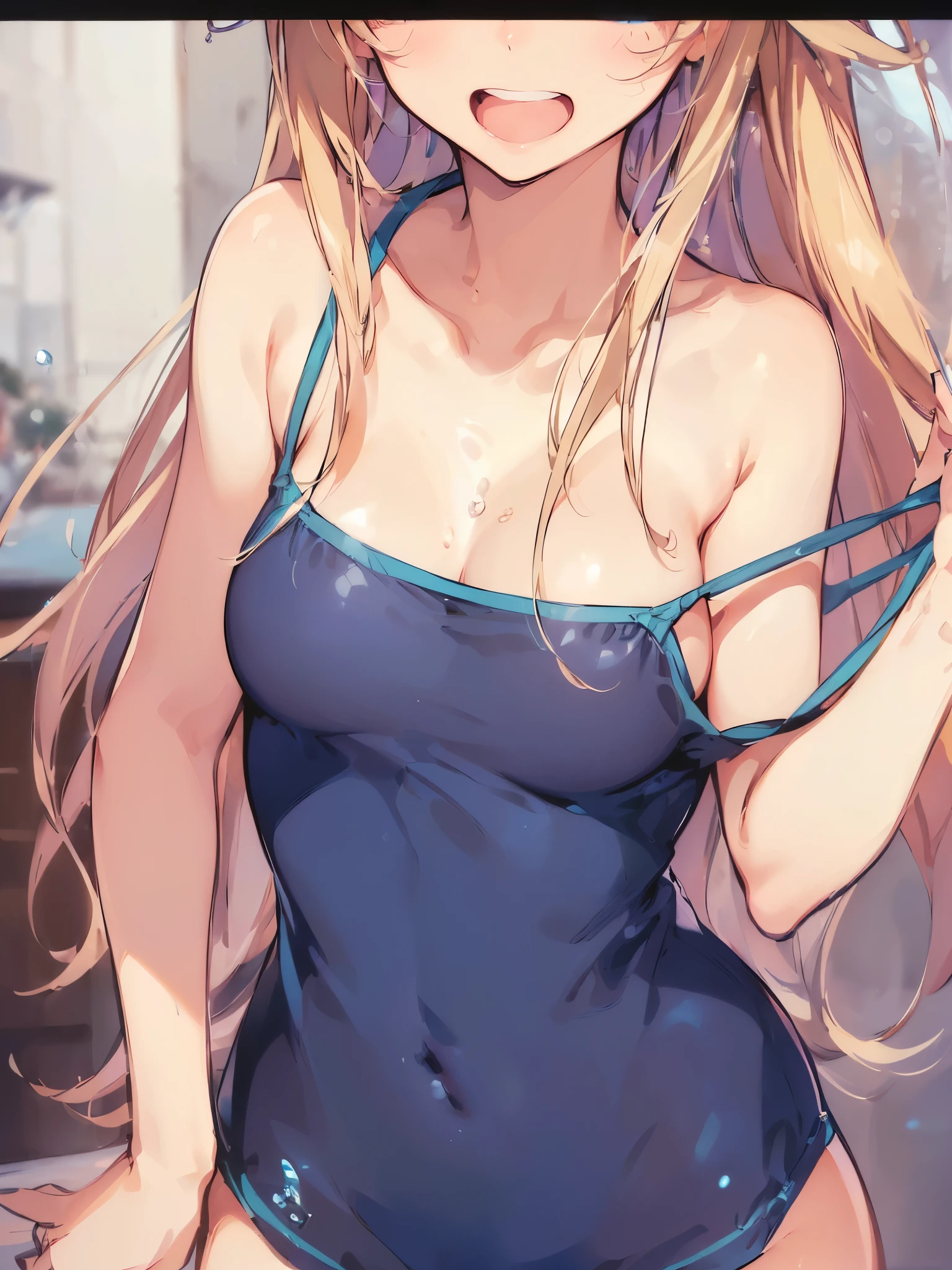 A cute girl in a swimsuit(original bikini swimsuit)(Small body) ( Girl:1.5), (blonde:1.5)(eyelash:1.2)(eye shadow:1.3) (Blue eyes:1.5), (Beautiful fine details:1.4) (Short Bob Hair:1.4), (Blue eyes)(Big Breasts:1.3) (White skin:1.2)Height: 130cm, original character, Fantasy, View Viewer Art: (A girl with beautiful deep eyes. The depth of field in the photo is perfect、Lens flares create a nice atmosphere. The details of her face really stand out, This photo definitely gets a 10 or more.. background, There is a beautiful sea with crystal clear water and water droplets floating on the surface. Laughing happily