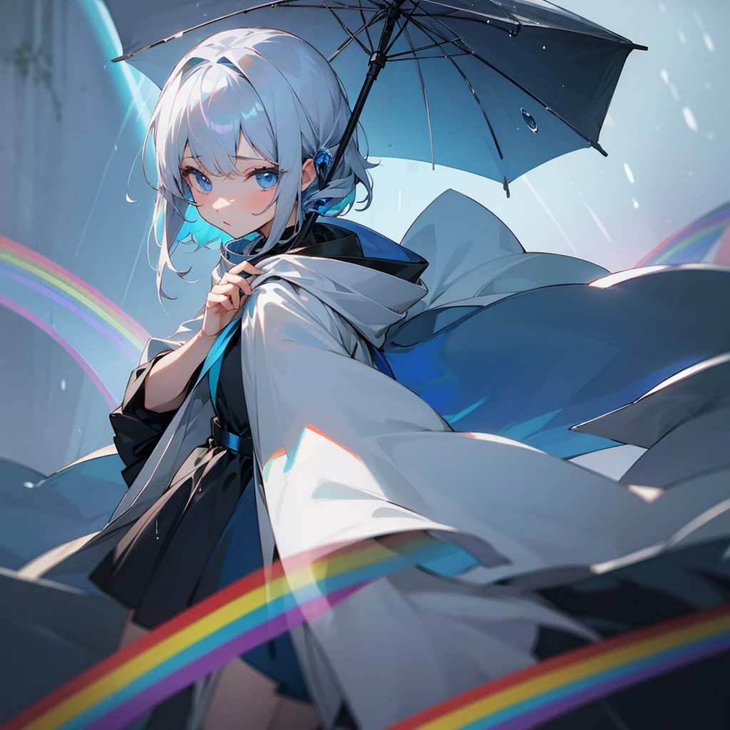 Gray Hair、girl、whole body、blue eyes、magic、rain、rainbow