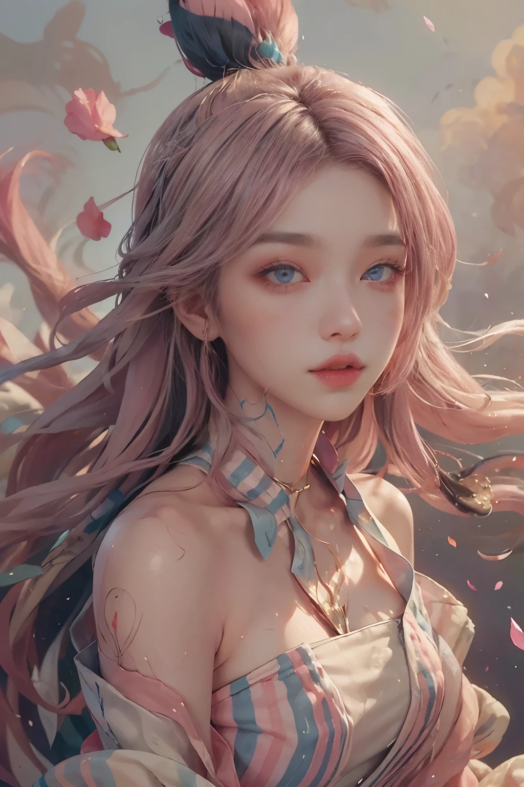(独奏:1.8), (elegant: 1.2), gorgeous, long hair, wind, (elegant: 1.3), (petals: 1.4), ((masterpiece))), ((best quality)), (ultra-detailed), (illustration), (dynamic angle), ((floating), (paint), ((loose hair)), (独奏), (1girl), ( ( ( (detailed anima face)))), ((beautiful detailed face)), collar, bare shoulders, pink silver hair,((striped hair)), beautiful detailed eyes, ((Gradient eyes), (colored eyes))), (white cloud background))), (high saturation))), ((surrounded by colorful splashes)),Beautiful nipples,Hobo Flat Chest,Leaner figure,A young, beautiful girl with a beautiful nose,