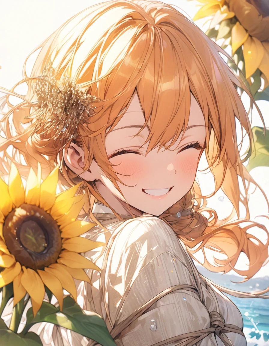 Masterpiece、Orange Hair、Delicate eyes、Tied up hair、Beautiful hair ornament、Upper Body、(((Smiling with eyes closed)))、Ocean、sunflower