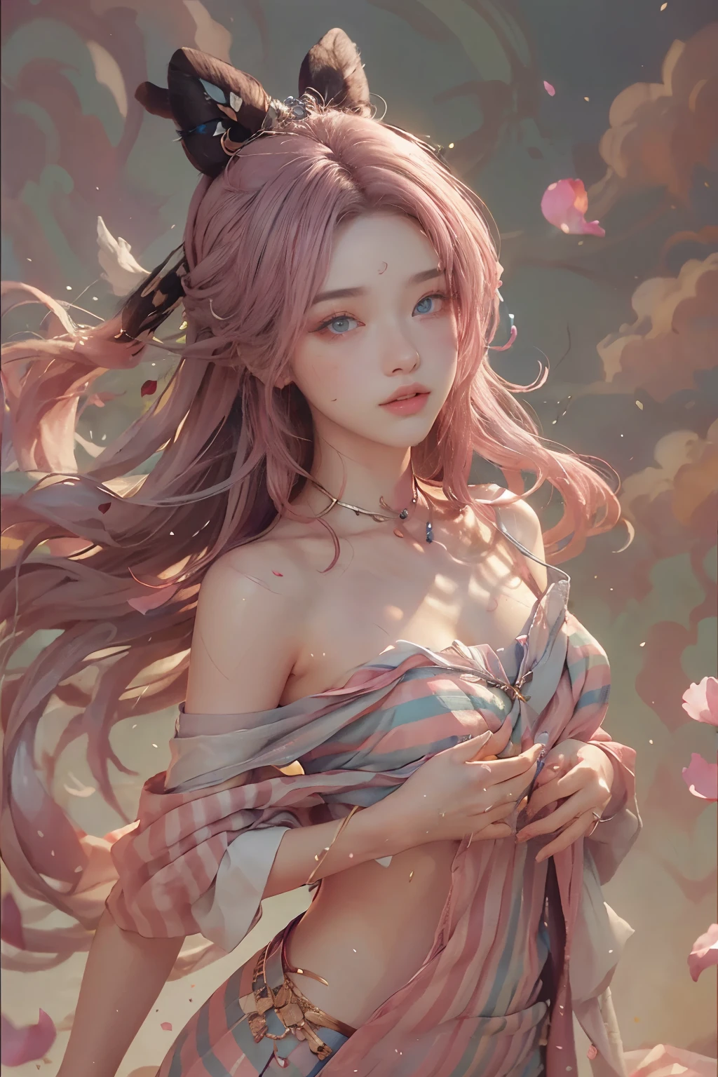 (solo:1.8), (elegant: 1.2), gorgeous, long hair, wind, (elegant: 1.3), (petals: 1.4), ((masterpiece))), ((best quality)), (ultra-detailed), (illustration), (dynamic angle), ((floating), (paint), ((loose hair)), (solo), (1girl), ( ( ( (detailed anima face)))), ((beautiful detailed face)), collar, bare shoulders, pink silver hair,((striped hair)), beautiful detailed eyes, ((Gradient eyes), (colored eyes))), (white cloud background))), (high saturation))), ((surrounded by colorful splashes)),Beautiful nipples,Hobo Flat Chest,Leaner figure,