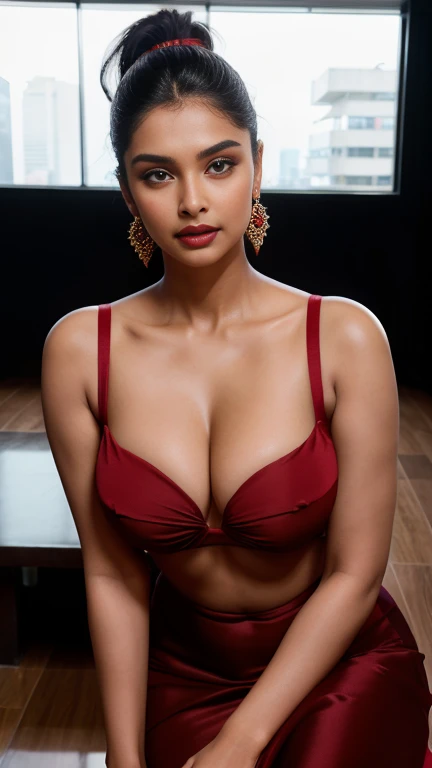 Indian super model, wearing sexy red, sexy , huge breast, cleavage, oily skin, lusty looks, plus size model, sexy expression, high end makeup, smokey eye, black ponytail hair, 8k, cinematic, face mix of alia bhatt and deepika padukone perfect breast nipples nice clevage seductive poses red lips full body front face nudes