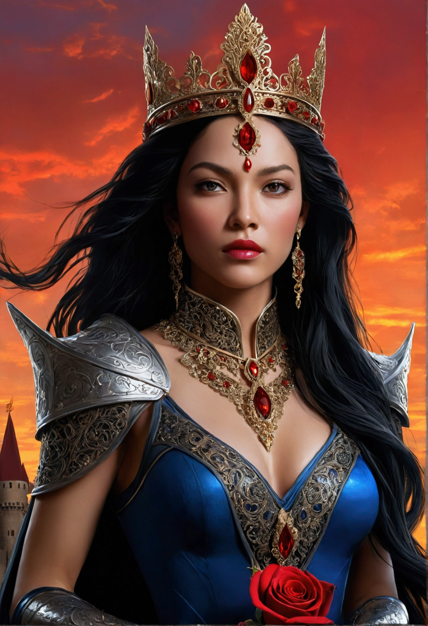 A stunning, photorealistic illustration of a dark fantasy queen standing tall with her long black hair flowing in the wind. A hero a villan She wears an elaborate crown with precious red stones, and her dark armor, class of armor warrior, adorned with gold and intricate details, exudes an air of regal authority. The bold blue finish of her armor contrasts elegantly with the striking red rose patterns on her shoulders, each petal meticulously crafted to symbolize beauty and power.
Her holds a mysterious glowing sword in one hand, adorned with a single red rose and vines, and the blade is a mesmerizing blue with enigmatic symbols inscribed along its length.
A prominent kite crystal red gem gleams on her torso, its crimson hue adding a touch of mystique to her visage. As she stands before her majestic castle, adorned with vibrant red roses and bathed in the warm golden light of a fiery sunset, the scene captures the essence of her reign. The castle itself, with its towering spires and rich history, serves as a symbol of her., illustration, cinematic