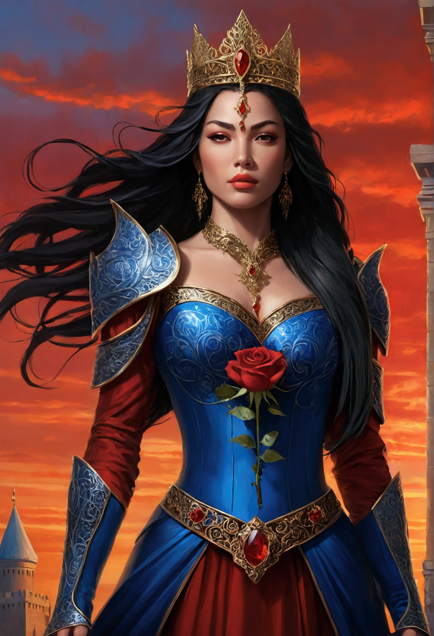 A stunning, photorealistic illustration of a dark fantasy queen standing tall with her long black hair flowing in the wind. A hero a villan She wears an elaborate crown with precious red stones, and her dark armor, class of armor warrior, adorned with gold and intricate details, exudes an air of regal authority. The bold blue finish of her armor contrasts elegantly with the striking red rose patterns on her shoulders, each petal meticulously crafted to symbolize beauty and power.
Her holds a mysterious glowing sword in one hand, adorned with a single red rose and vines, and the blade is a mesmerizing blue with enigmatic symbols inscribed along its length.
A prominent kite crystal red gem gleams on her torso, its crimson hue adding a touch of mystique to her visage. As she stands before her majestic castle, adorned with vibrant red roses and bathed in the warm golden light of a fiery sunset, the scene captures the essence of her reign. The castle itself, with its towering spires and rich history, serves as a symbol of her., illustration, cinematic