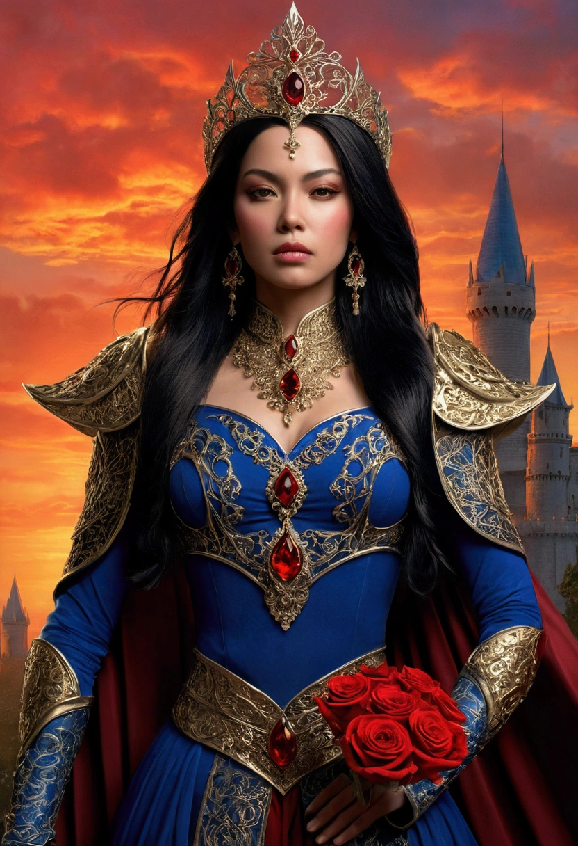 A stunning, photorealistic illustration of a dark fantasy queen standing tall with her long black hair flowing in the wind. A hero a villan She wears an elaborate crown with precious red stones, and her dark armor, class of armor warrior, adorned with gold and intricate details, exudes an air of regal authority. The bold blue finish of her armor contrasts elegantly with the striking red rose patterns on her shoulders, each petal meticulously crafted to symbolize beauty and power.

Her holds a mysterious glowing sword in one hand, adorned with a single red rose and vines, and the blade is a mesmerizing blue with enigmatic symbols inscribed along its length.

A prominent kite crystal red gem gleams on her torso, its crimson hue adding a touch of mystique to her visage. As she stands before her majestic castle, adorned with vibrant red roses and bathed in the warm golden light of a fiery sunset, the scene captures the essence of her reign. The castle itself, with its towering spires and rich history, serves as a symbol of her., illustration, cinematic