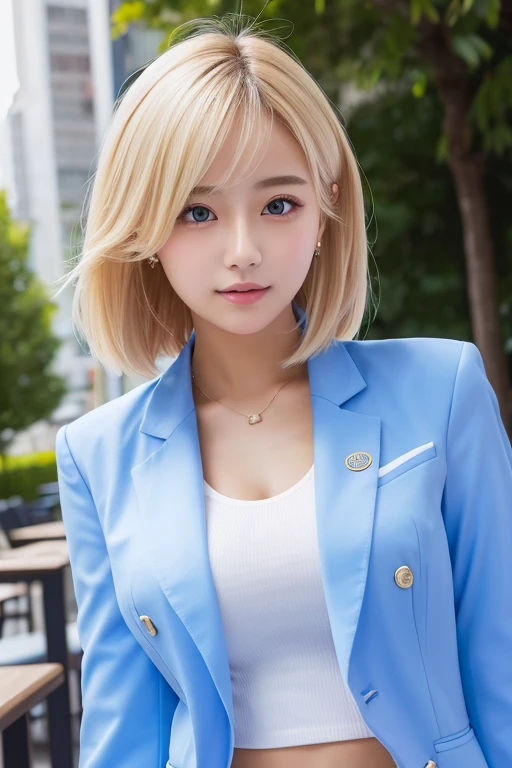 A beautiful girl、uniform、White shirt、Short cut ,Blue Blazer、Beautiful blonde、high resolution、Upper Body、Bust size K cup