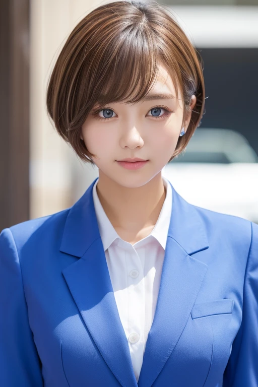 A beautiful girl、uniform、White shirt、Short cut ,Blue Blazer、Beautiful blonde、high resolution、Upper Body、Bust size K cup