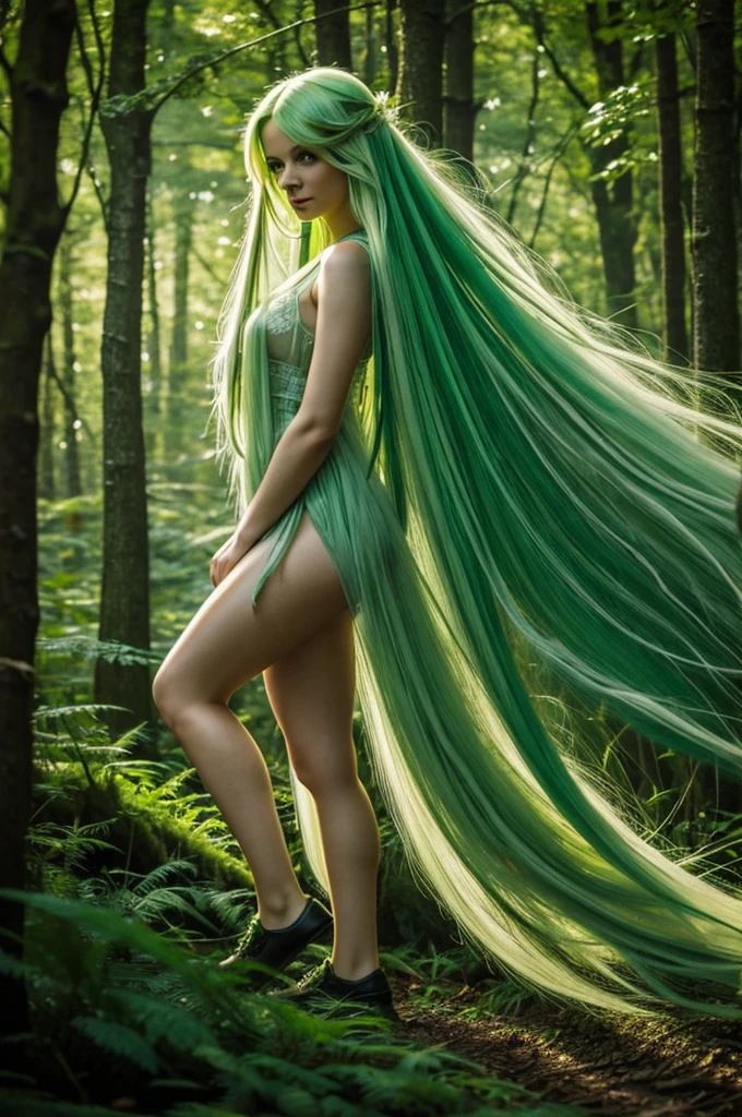 A fairy with very long light green hair in a beautiful green forest