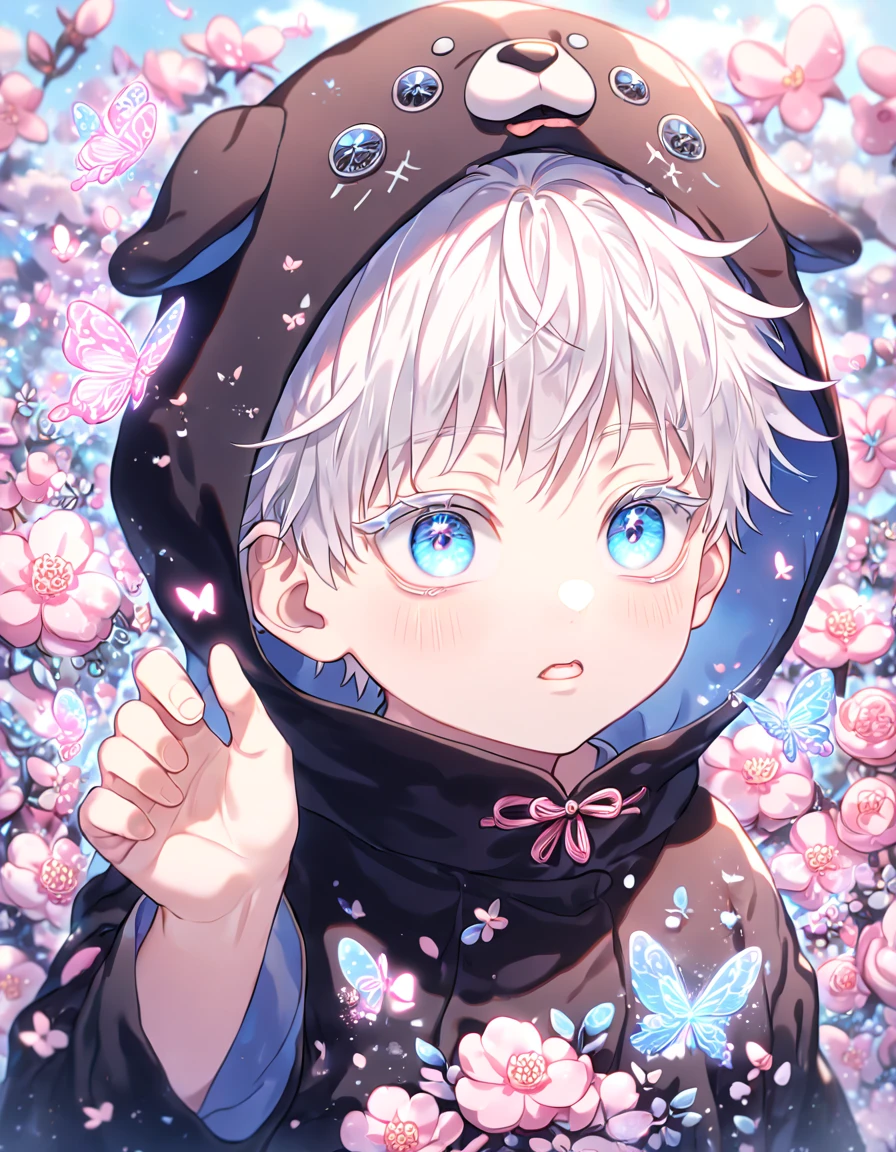 absurdres, highres, ultra detailed, HDR, master piece, best quality, extremely detailed face, delicated features, Gojou Satoru as , white hair, expressive blue eyes, white eyelashes, Jujutsu Kaisen, solo, boy, cute, dog costume, blossoms, pink flowers, pink butterflies, fantasy, magic, radiant