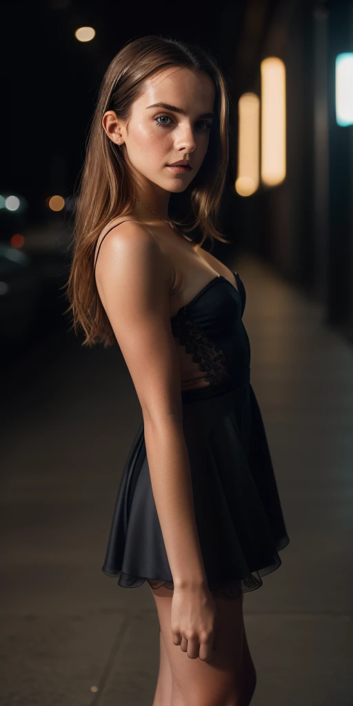 little Emma Watson, (selfie, front view: 1.4), (straight complete body: 1.4), RAW UHD portrait photo of a 18-year-old blonde (blue-eyed woman) walking down a dark alley, natural breasts_c, night city, (black sexy tight strapless long lace dress), (sexy long legs), (black platform high heels), (full body shot), (décolleté), detail (textures!, hair!, glitter, color!, disadvantages: 1.1), highly detailed glossy eyes, (looking at the camera), mirror lighting, DSLR camera, ultra quality, sharp focus, sharpness, depth of field,  film grain, (center), Fujifilm XT3, crystal clear, large breasts, bare torso, center of frame, pretty face, sharp focus, street lamp, neon lights, bokeh, (dimly lit), low key, night, (night sky) detailed skin pores, oiled skin, tan, intricate eye details