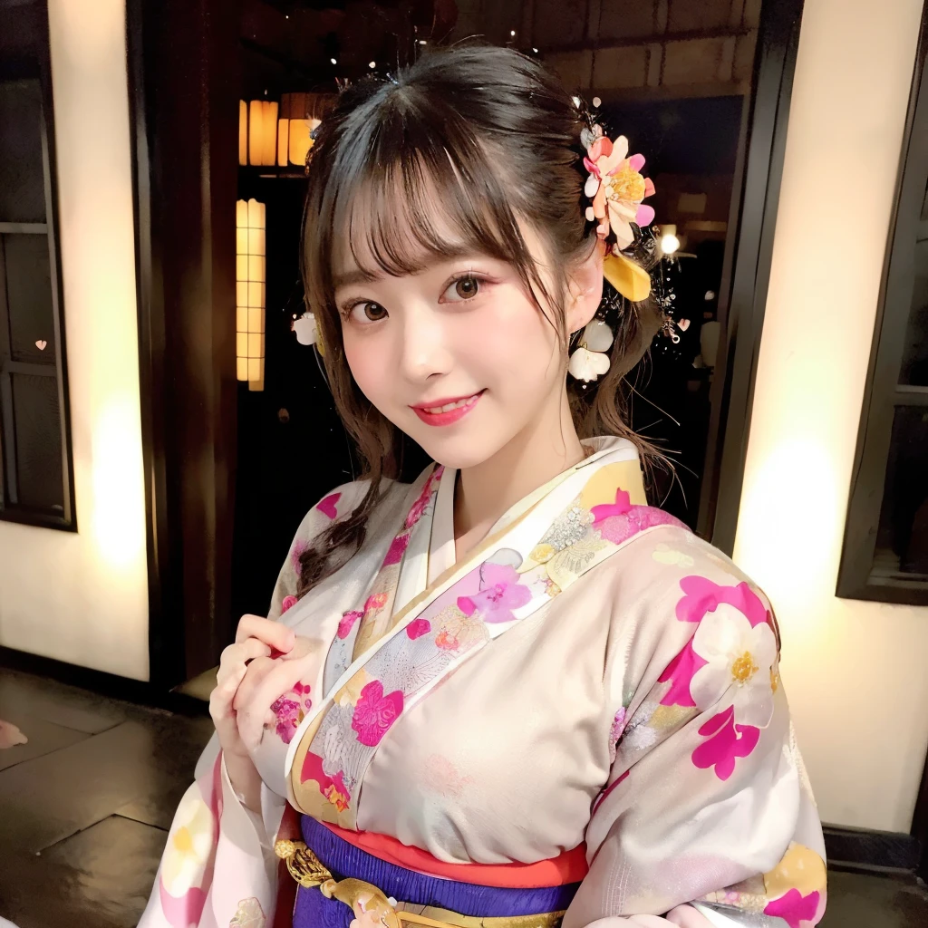 NFSW, (Traditional Kimono:1.4), (Furisode decorated with hearts and flowers:1.47),(Large Breasts:1.4),Exposing cleavage:1.5, G-cup busty, The areola is slightly visible, (Effortlessly Chic Hairstyles:1.4) break, (Nostalgic atmosphere:1.1), (taisho roman:1.2), (Retro feel:1.1), (Attractively decorated with colorful backgrounds:1.3), (the most adorable in the world:1.2), (Overflowing with cuteness:1.2), (Capturing irresistible charm:1.1), (exquisite flower decoration:1.0), (Quirky and lively atmosphere:1.2), (Too cute and deadly:1.3), (Completely attractive:1.0), (soft, Diffuse lighting:1.4), (lots of magical sparkles:1.4), about, Laughter,