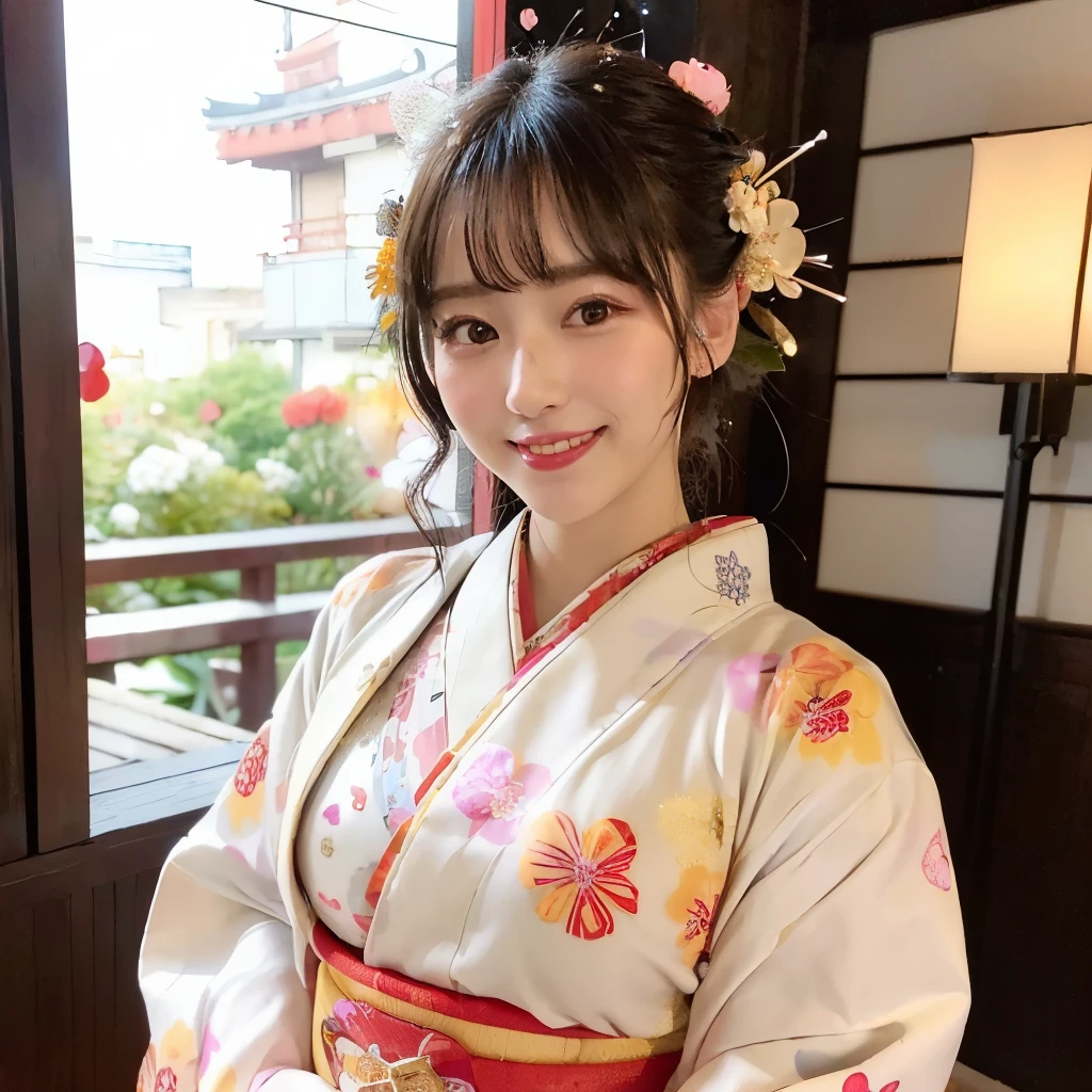 NFSW, (Traditional Kimono:1.4), (Furisode decorated with hearts and flowers:1.47),(Large Breasts:1.4),Exposing cleavage:1.5, G-cup busty, The areola is slightly visible, (Effortlessly Chic Hairstyles:1.4) break, (Nostalgic atmosphere:1.1), (taisho roman:1.2), (Retro feel:1.1), (Attractively decorated with colorful backgrounds:1.3), (the most adorable in the world:1.2), (Overflowing with cuteness:1.2), (Capturing irresistible charm:1.1), (exquisite flower decoration:1.0), (Quirky and lively atmosphere:1.2), (Too cute and deadly:1.3), (Completely attractive:1.0), (soft, Diffuse lighting:1.4), (lots of magical sparkles:1.4), about, Laughter,