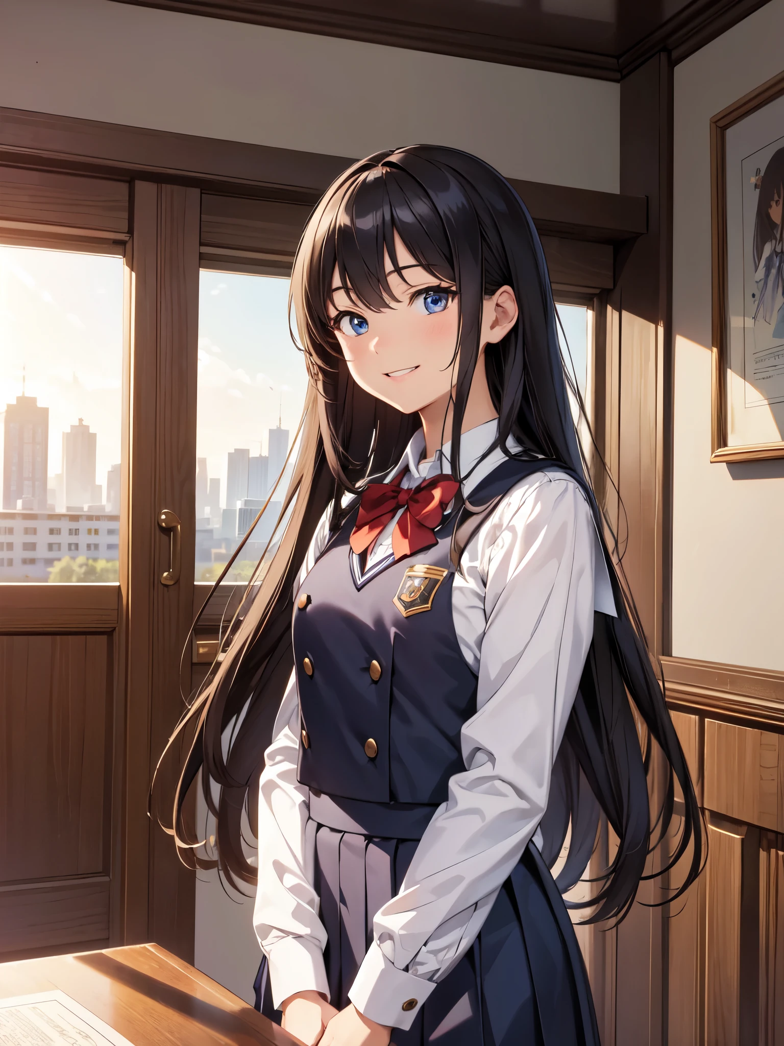 masterpiece, best quality, illustration, ultra-detailed, finely detailed, high resolution, 8K wallpaper, perfect dynamic composition, beautiful detailed eyes, school uniform, long hair, focused expression, cute, smile, looking at camera