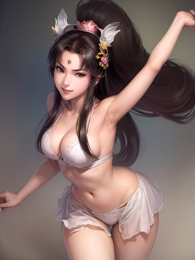 Armpit Show,Highest quality, masterpiece,View your viewers,Swinging a Sword,smile,Red lipstick,(Tabletop, 4K, Highest quality, anime style: 1.9, (alone), expensive色彩彩度, (Wrestling ring background, Wrestling Stage), Detailed face, expensive, Adult female, cute, (White Background), High resolution, anime, Lacus 4. (White micro bikini with pink design), One Girl, alone, Curvaceous figure, Long Hair, clavicle, Scapula, Wavy Hair, Wide bangs with attention to detail, hair ornaments, Detailed reddish pink hair, Cleavage, Clenched fist, Big Hands, White fingerless gloves, Big Blue Eyes, Off the shoulder, (White elbow pads), Medium chest, smile, Open your mouth wide, slender belly, Abdominal line, Detailed abdomen, Very slim belly, Dancing, very happy