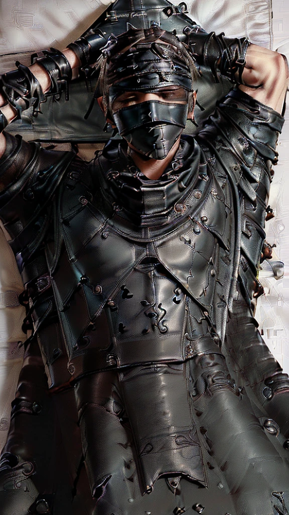 ((Final Fantasy taste reality graphics)), ((young, cute and cool ikemen boy)),(((1 boy))),,his age is early 20s, thin eyebrows and beady eyes, (((((boy in a black leather sleeping bag))))),(((((sleeping bag is very tight-fitting))))), (((((boy put on black leather and human muzzle mask,all covered from under the nose-to-chin))))),(((((also put on leather blindfold, ))))), (((((mask and blindfold Fixed to the face, with multiple leather belts)))))