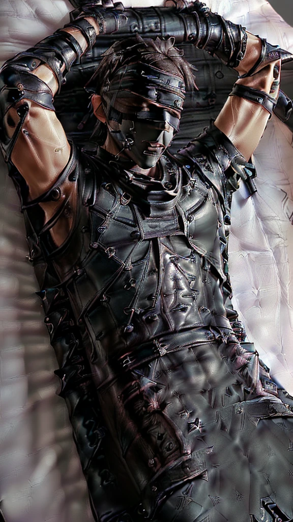 ((Final Fantasy taste reality graphics)), ((young, cute and cool ikemen boy)),(((1 boy))),,his age is early 20s, thin eyebrows and beady eyes, (((((boy in a black leather mummy type sleeping bag))))),(((((boys posture is stand and attention))))), ((((boy put your hands down)))),(((((sleeping bag is very tight-fitting))))), ((((boy laid down on the bed)))),(((((bed is white sheets))))),(((((boy put on black leather and human muzzle mask,all covered from under the nose-to-chin))))),(((((also put on leather blindfold, ))))), (((((mask and blindfold Fixed to the face, with multiple leather belts))))),(((((views head-to-toe)))))