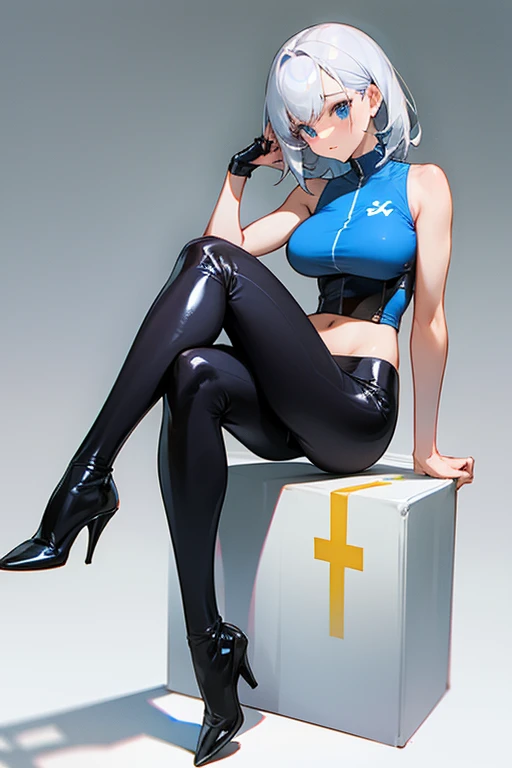 A woman wears high heels、Sports vest、Latex leggings sitting cross legged