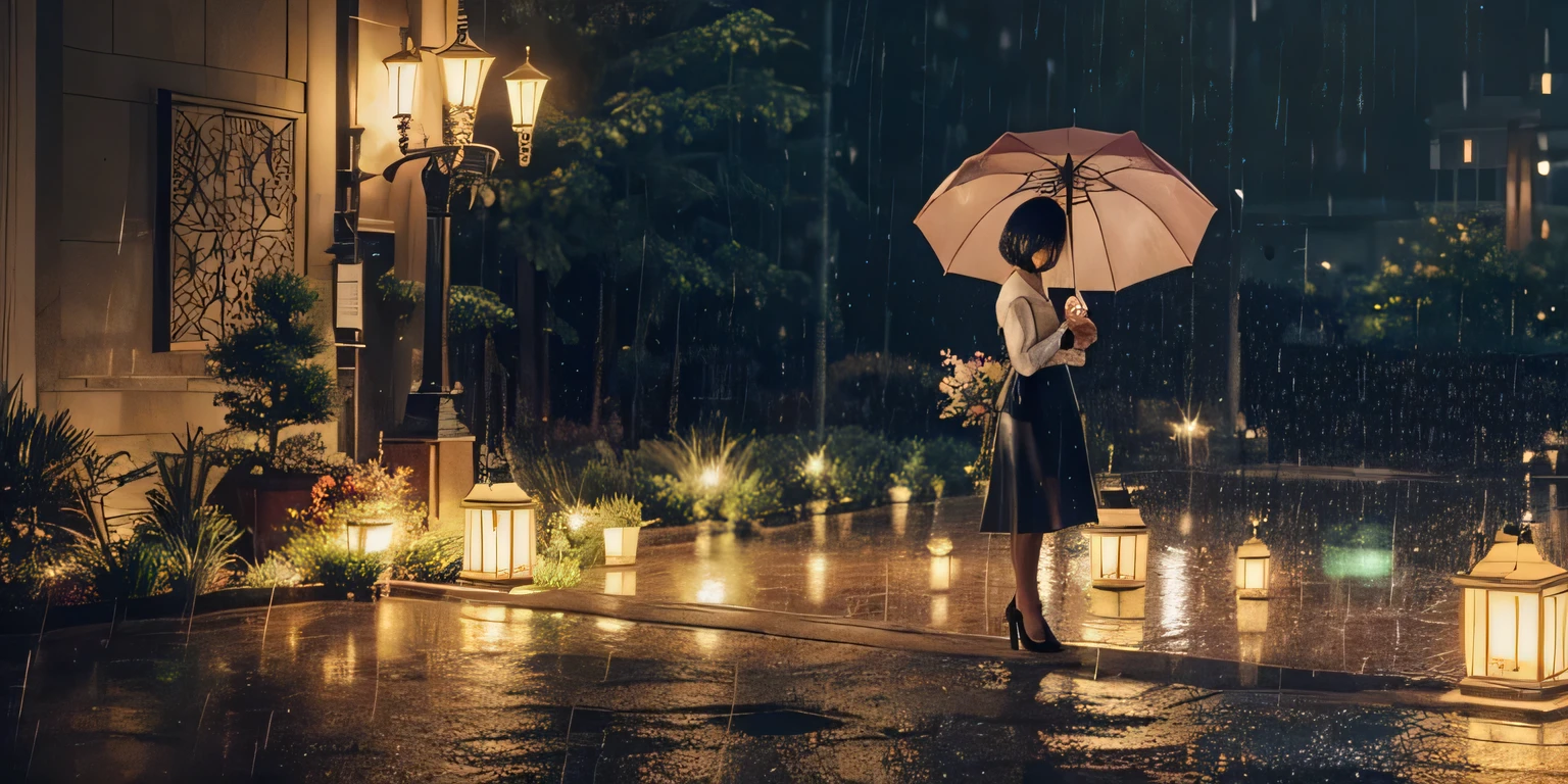 (Best quality, 8k, 32k, Masterpiece, UHD:1.2) "Generate a captivating artwork featuring a young Japanese girl model with short, sleek black hair styled in a chic bob haircut. Envision her bathed in dramatic cinematic lighting, creating an atmosphere of allure and mystery. Emphasize a romantic aesthetic vibe, showcasing the model in a poised and elegant pose that evokes a sense of intimacy and sophistication. Utilize warm and soft tones to enhance the romantic ambiance, and consider incorporating elements like flowing fabrics or flowers to add a touch of ethereal beauty. Capture the essence of romance and beauty through the model's expression, the play of light and shadows, and the overall aesthetic, creating a visually compelling and emotionally resonant piece." (perfect eyes), flawless skin, flawless face, cinematic, tight body, ((well-proportion female hands)) ((rain)) ((raining)) ((umbrella))