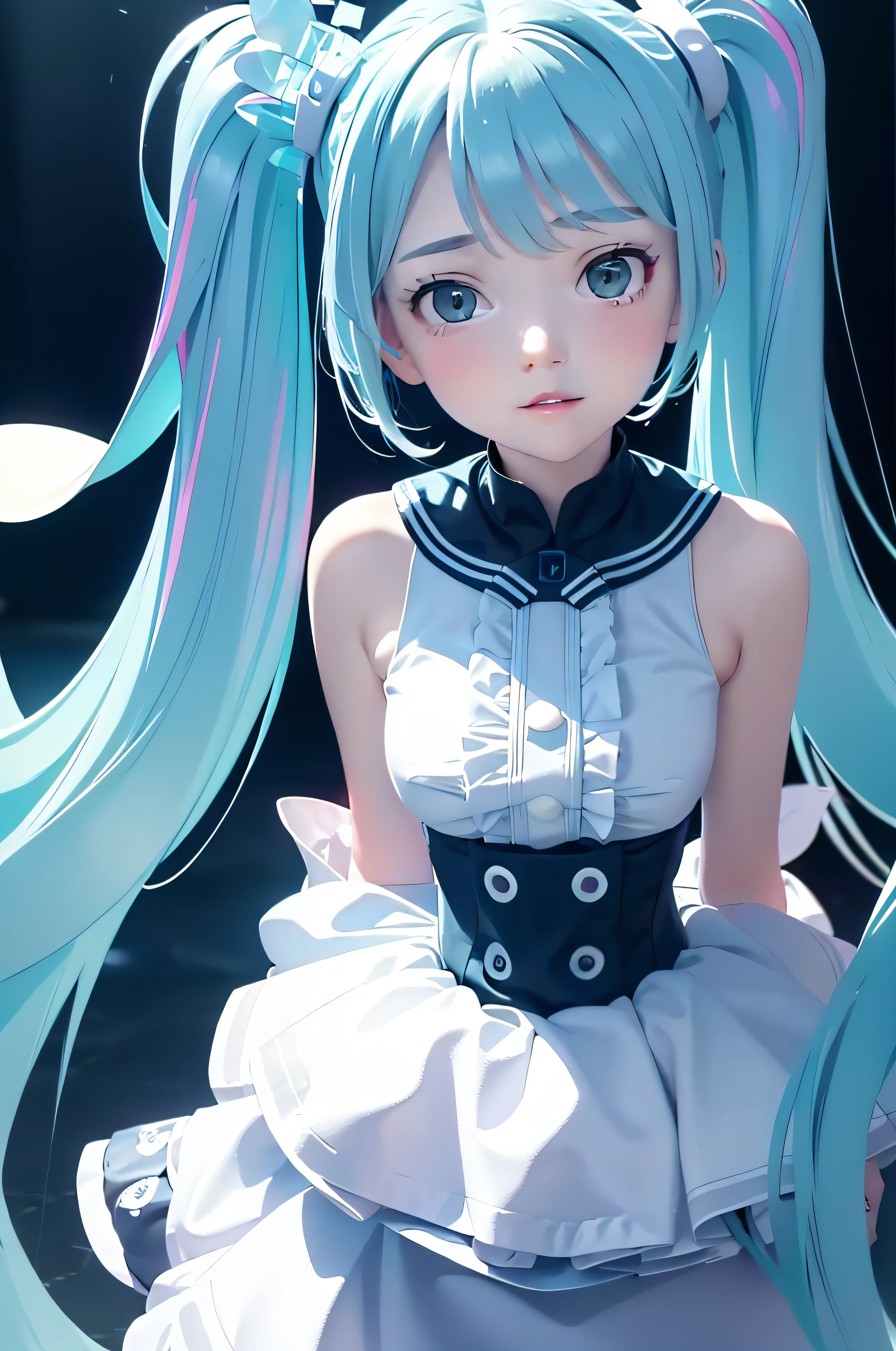 Face Focus, masterpiece, Highest quality, One girl, hatsune miku, White Rose, petal, Night Background, Glow worms, Particles of light, alone, Futa-tailed light blue hair, Aqua Eye, Are standing, irritating, Depth of written boundary, Structure of the film, Best lighting, look up