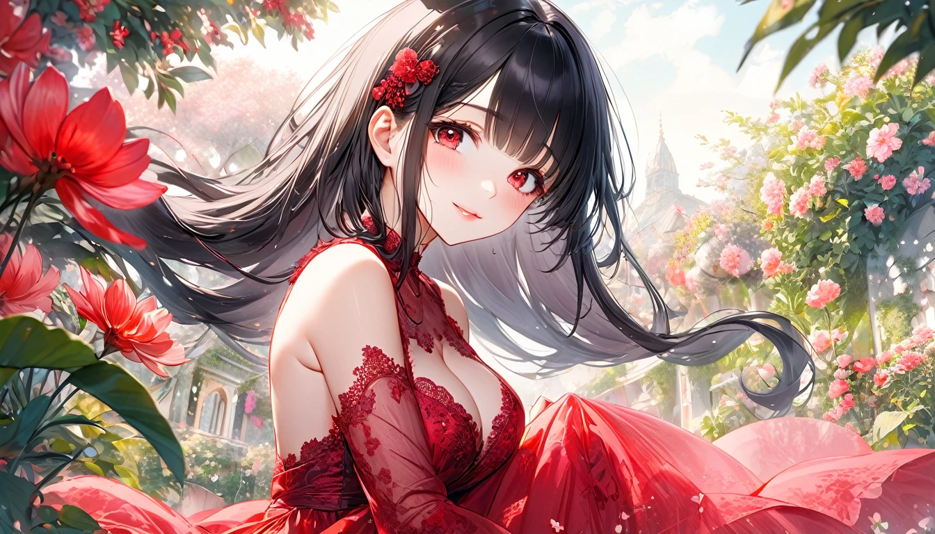 panoramic, (Pastel color art style:1.2) (double exposure pastel color), (solo:2, 18 yo) (beautiful detailed asymmetry bangs:1.3) (beautiful pastel black hair very long hair) (cool beautiful sadist girl) (detailed cool red eyes) (soft smile, glossy lip) (big tits), in a pastel color red elegant dress with double exposure passion, break, in the beautiful detailed garden, BREAK, perfect anatomy, masterpiece, best quality, 16k, beautiful detailed grow, daydreaming expression.