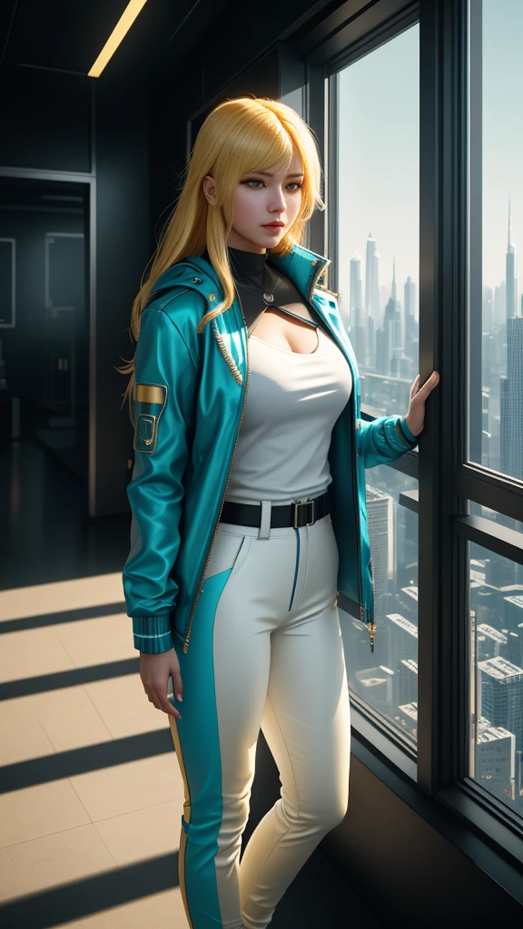 beautiful girl in white jacket and turquoise t-shirt with golden hair yellow eyes Black cyberpunk style rubber pants. Standing at the window of a futuristic skyscraper., full body , perfect light perfect composition Beauty Award winning masterpiece Artstation 8 k Artgerm Mucha Dim Volumetric lighting Octane 18 k Beautiful detail rendering. post processing, portrait, exaggerated detail, complex, grand composition, cinematic lighting, masterpiece, trending art station, high detail, masterpiece, beautiful, 18k , HDR, smooth, sharp focus, high resolution