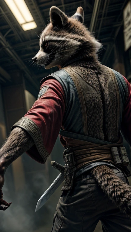 mcu, rocket raccoon, raccoon, male, skinny, buldge, detailed fur, red kimono, japan, sword katana, intricate, (high detail), moody lighting, Running pose, back view , film photography, realistic, masterpiece, best quality, ultra realistic, 8k