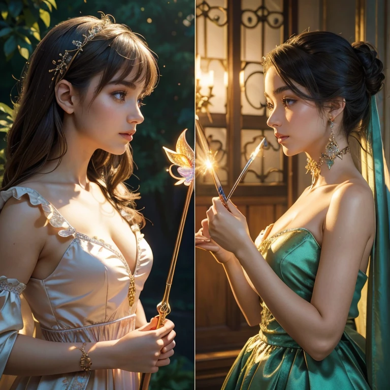 (masterpiece, best quality:1.5), highest quality, High resolution, super detailed, Realists, Upper body photo of a brunette young magical girl, detailed and beautiful eyes, beautiful detailed lips, very detailed eyes and face, longeyelashes, shiny satin dress, Holding a magic wand in your hand, Cast a transformation spell, Magic wands present and shiny, Beautiful and colorful makeup, elegant and noble々The jewelry bag, Gardens as background, soft daylight, bright colors, fine brushstrokes, Portrait style, Silk dress fabric, beautiful color palette, glowing skin, First-class rendering, that captures every detail, enchanting atmosphere, subtle shadows and lights, (perfect anatomy:1.2), (The two stunning young magical girls perform magic together. (a transformation with the magic wand:1.4), (magnificent panorama view:1.2)