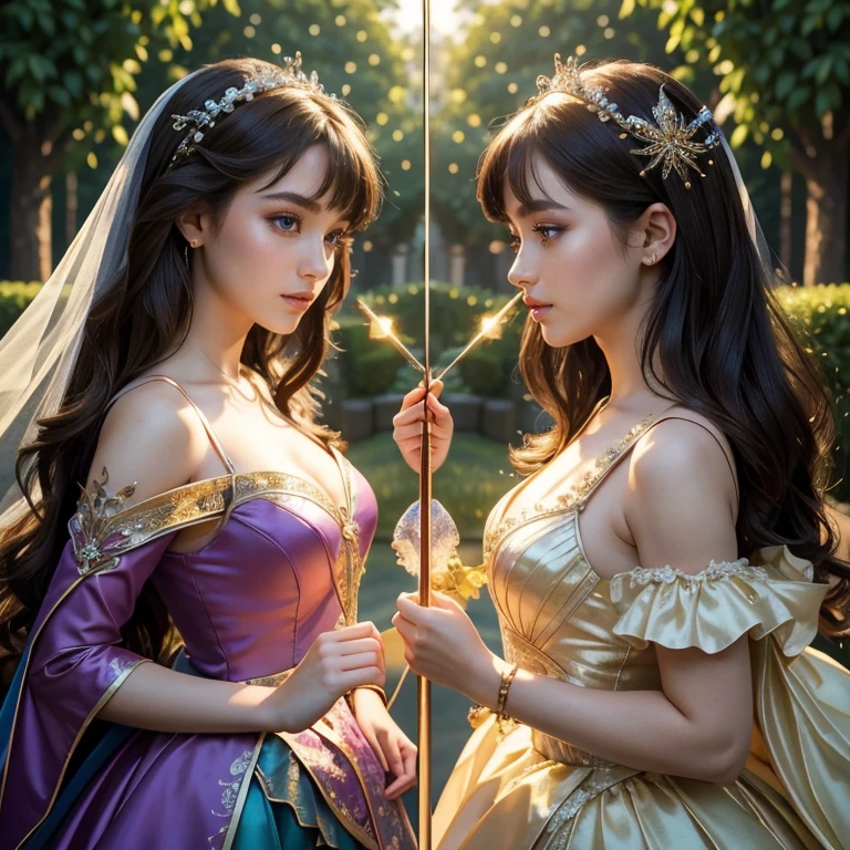 (masterpiece, best quality:1.5), highest quality, High resolution, super detailed, Realists, Upper body photo of a brunette sorceress, detailed and beautiful eyes, beautiful detailed lips, very detailed eyes and face, longeyelashes, shiny satin dress, Holding a wand in your hand and performing a transformation spell, Magic wands present and shiny, Beautiful and colorful makeup, elegant and noble々The jewelry bag, Gardens as background, soft daylight, bright colors, fine brushstrokes, Portrait style, Silk dress fabric, beautiful color palette, glowing skin, First-class rendering, that captures every detail, enchanting atmosphere, subtle shadows and lights, (perfect anatomy:1.2), (The two stunning sorceresses perform magic together (a transformation with the magic wand:1.4), (magnificent panorama view:1.2)