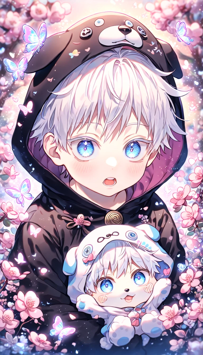 absurdres, highres, ultra detailed, HDR, master piece, best quality, extremely detailed face, delicated features, Gojou Satoru as a kid, white hair, expressive blue eyes, white eyelashes, Jujutsu Kaisen, solo, boy, cute, dog costume, blossoms, pink flowers, pink butterflies, fantasy, magic, radiant