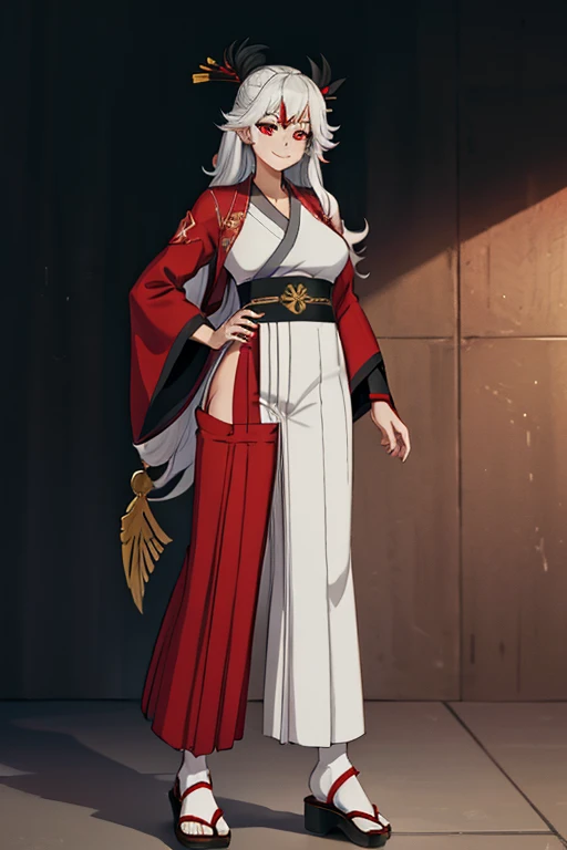 female, silver long hair, red eyes, (((1girl))), (((red kimono))), (black Japanese sandals), (white socks), (black hakama pants), cute and sexy, full body, large breasts, long legs, smiling, standing