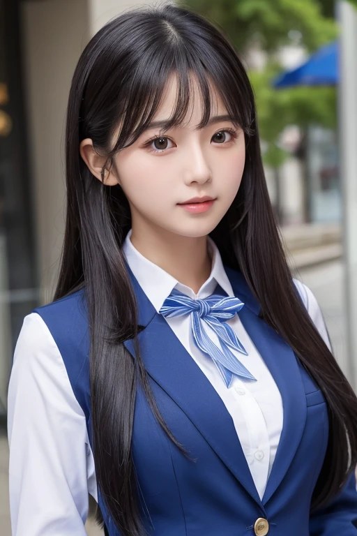 A beautiful girl、uniform、White shirt、long cut ,Blue Blazer、Beautiful black hair、high resolution、Upper Body、Bust size K cup