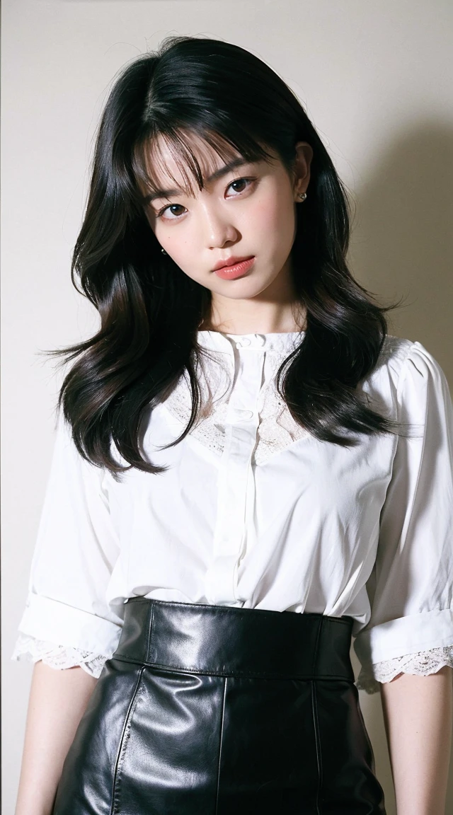 ((Highest quality, 8k, Portraits: 1.3)), (Viewer Display), Photographic realism,  Sharp focus, alone, Japan Moro Islamic Liberation Front, beauty products,Wavy Hair, Wrinkles around the eyes, Accentuate your breasts, Big Breasts 、30 years old, （(Pencil Skirt:1.0), (manhattan lace blouse:1.0)，Are standing：1.3）