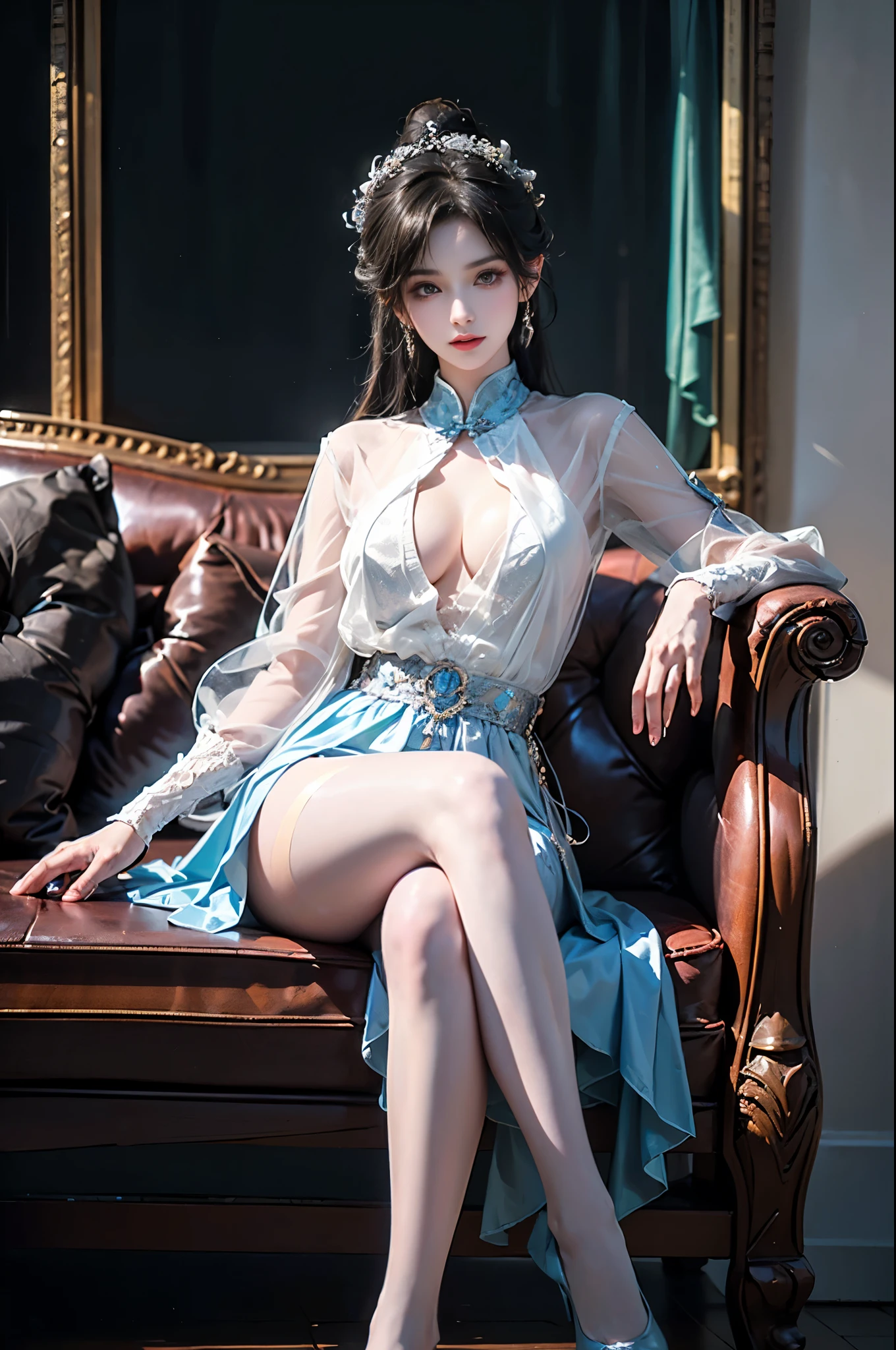 guqinghan,hell,chinese clothes,china dress, ((1 girl, Elegant posture)), Natural leg proportions, Visible cleavage, masterpiece, ((Sexy long legs, Very beautiful legs)), (best quality, 4K, 8K, high resolution, masterpiece:1.2), Extremely detailed, (Practical, photoPractical, photo-Practical:1.37), Official Art, CG, Anatomically correct, Random Scenes, Random shooting angle, Movie, photography, Intricate background, Soft lighting, Subtle shadows, Vibrant colors, Expressive eyes, Beautiful, high class boutique, Ambience, A moment of honesty, Natural expression, Detailed texture, Fine details, Refined and elegant, Exquisite style, Artistic Composition, Beautifully presented.