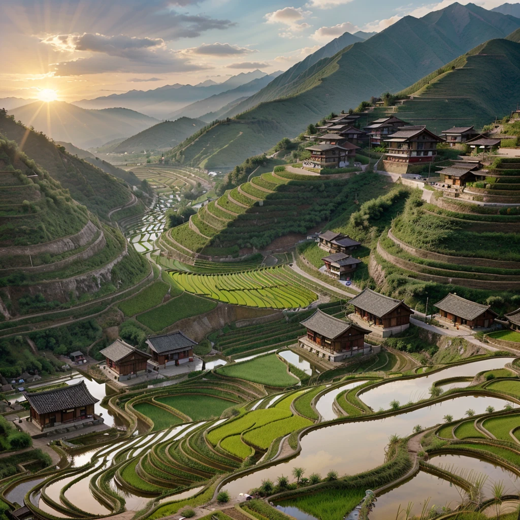 (General shot of a village in the mountains of China. Villagers go about their daily tasks. The sun shines on the rice fields.)