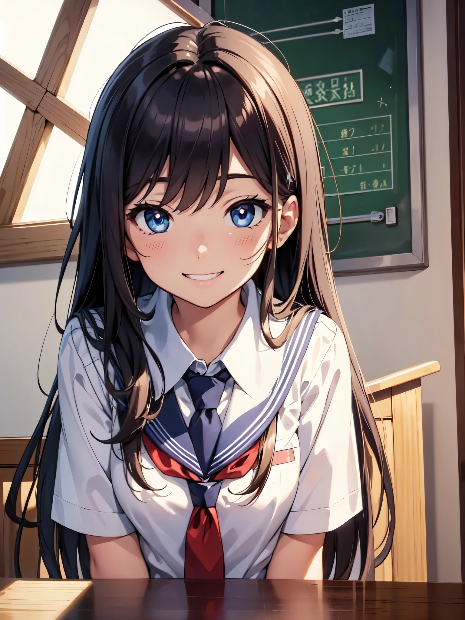 masterpiece, best quality, illustration, ultra-detailed, finely detailed, high resolution, 8K wallpaper, perfect dynamic composition, beautiful detailed eyes, school uniform, long hair, focused expression, cute, smile, looking at camera