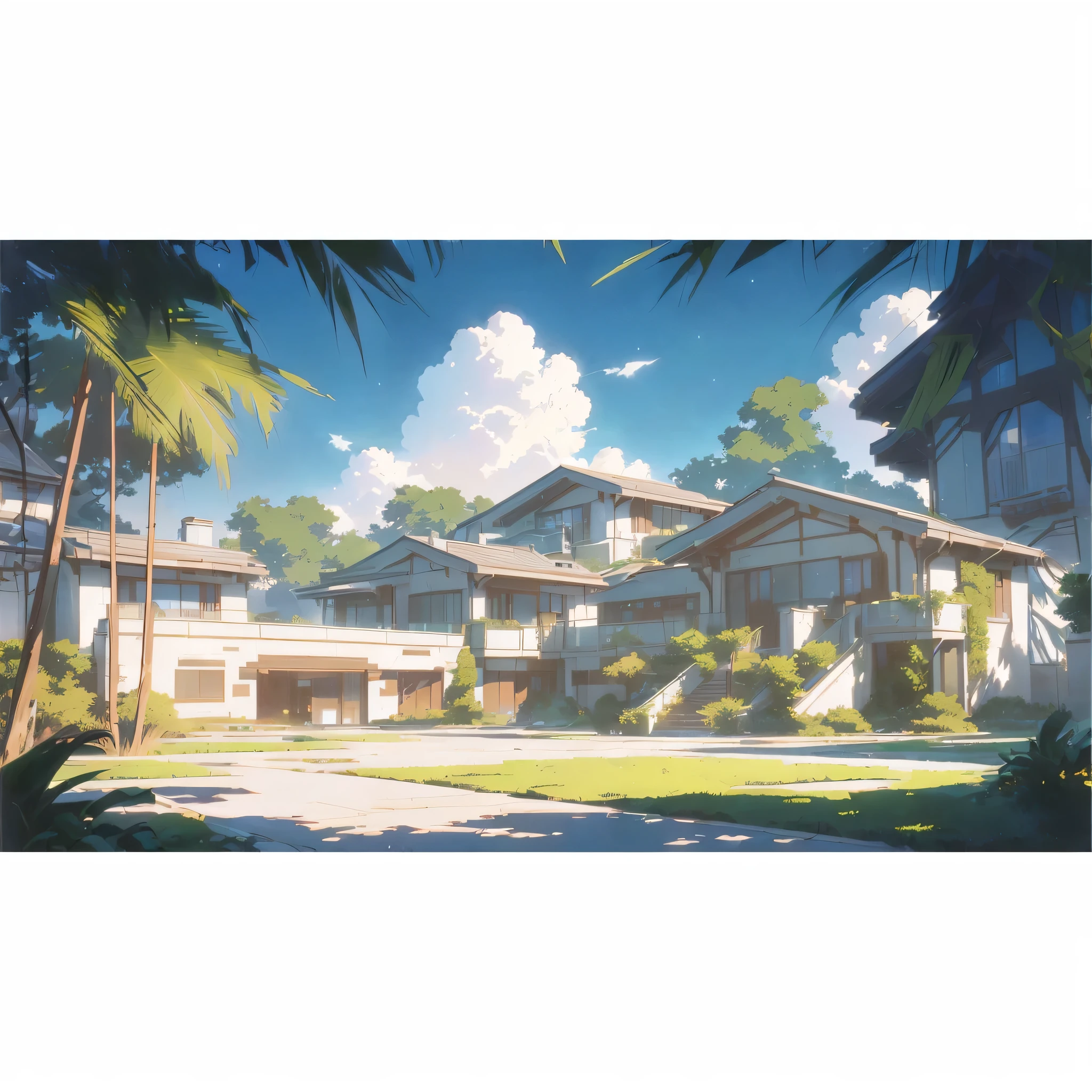 There is a photo of a house with many windows, studio glibly Shinkai Makoto, Anime Landscape Concept Art, Ross Chen. Landscape background, style of Shinkai Makoto, Shinkai Makoto. — 2160 hours, in style of Shinkai Makoto, ( ( Shinkai Makoto ) )