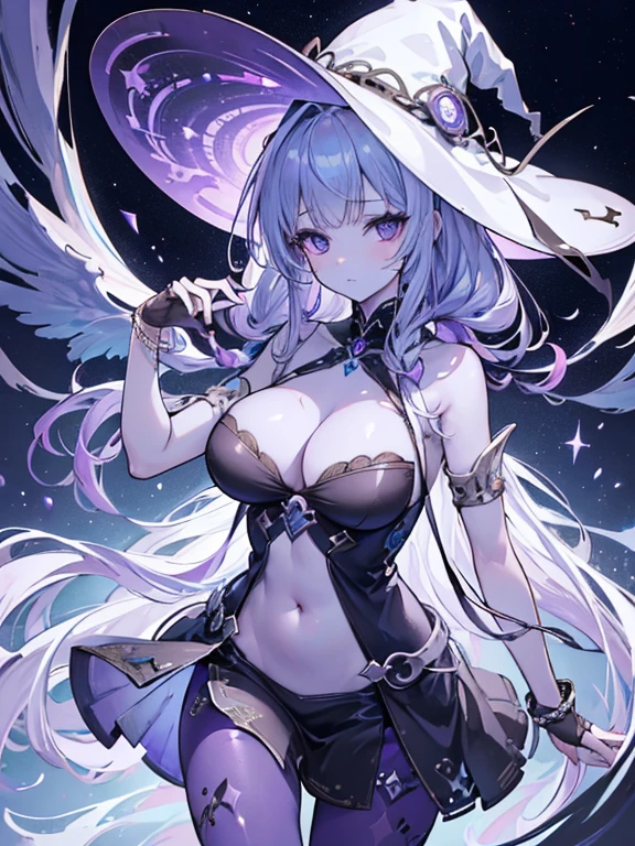 ((best quality)), ((masterpiece)), (detailed), 1girl, witch hat, (((gradient skin on arms))), ((purple hands)), (celestial hands), pale white skin, twin braids, two tone hair, (((large shackles on wrist))), navel, grey pantyhose, straps, will-o-wisps, Dark art, Bloody eyes , Dark eyes, hoarfrost metal lace, fantasy, intricately details. 8K, Dreamlike, surrealism, Symmetrical, Soft lighting, Intricate details, Highly detailed, illusory engine,  Game CG,inspired by Li Mei-shu,