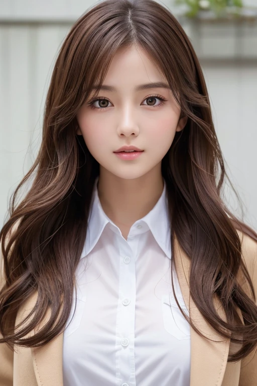 A beautiful girl、uniform、White shirt、long cut ,curl、Brown coat、Beautiful brown hair、high resolution,Breasts slightly exposed、big breast、Small face、round face、ナチュラルメイク