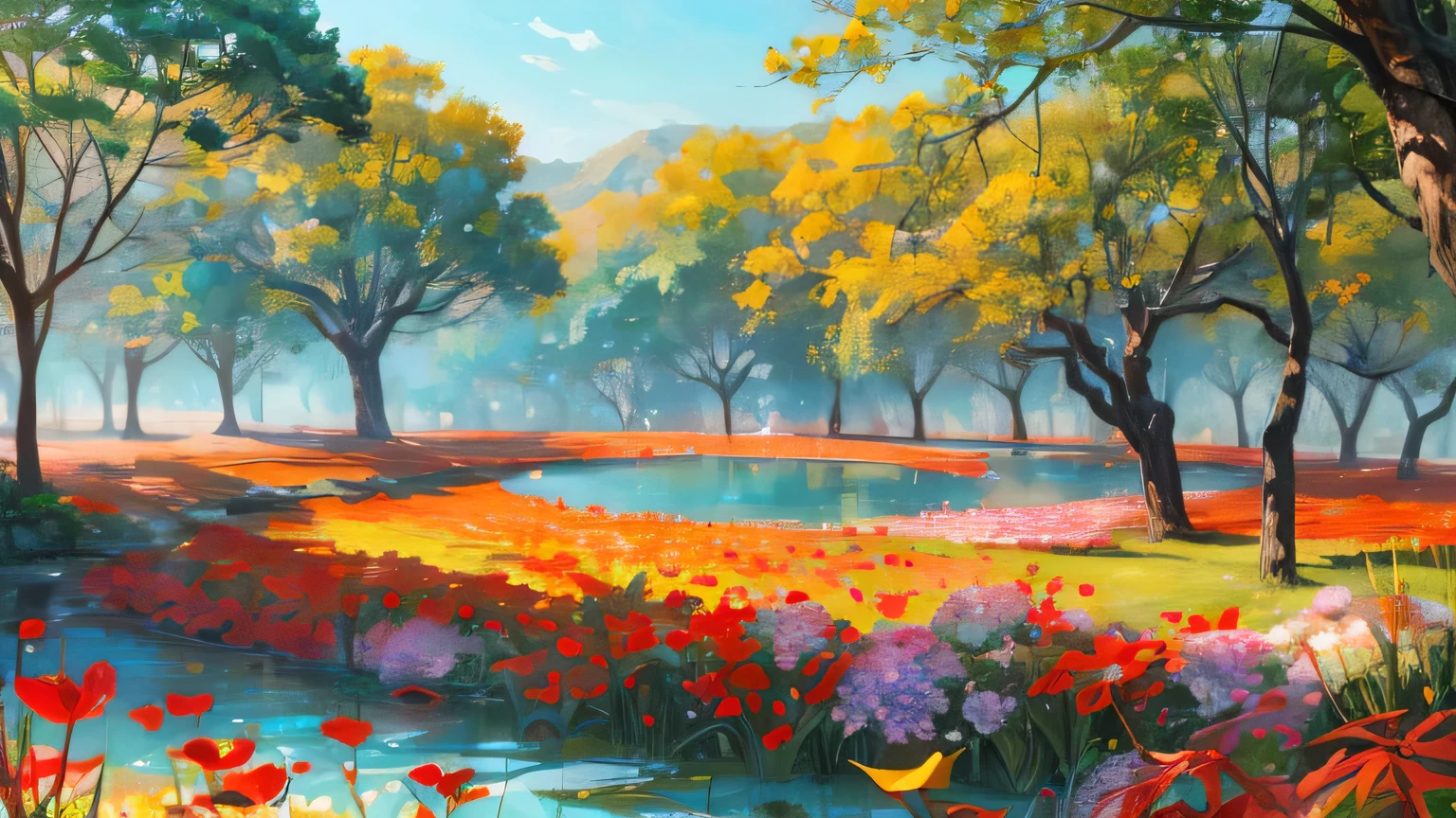 A sumptuous summer scene unfolds before you, bursting with refreshing vibrancy. Lush greenery blankets the ground, as vivid flowers bloom in a riot of colors. A crystal-clear lake reflects the brilliant blue sky, its surface undisturbed save for the gentle ripples caused by a light breeze. Majestic trees sway in the wind, their leaves casting intricate patterns on the ground.

The sun casts its warm, golden glow over the scene, bathing every detail in rich, saturated tones. The air is filled with the sweet scent of summer flowers and the melodic sounds of birds chirping in the background. The entire setting radiates a serene and re