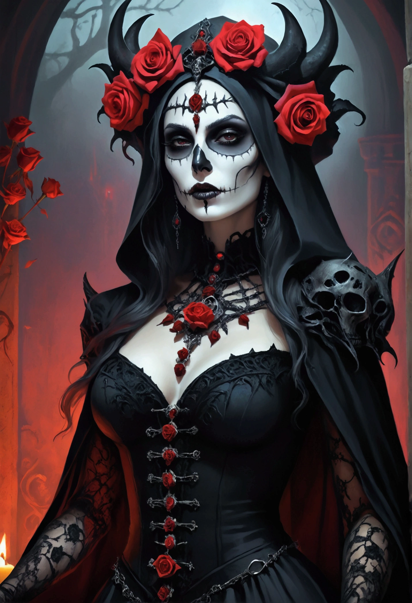  Create an image of the most stunningly gorgeous beautiful perfect sexy woman dios de morta and roses , beautiful necromancer, bright vibrant color, beautiful necromancer girl, goddess of death, fantasy dark art, scary queen of death, beautiful girl necromancer, gothic fantasy art, gothic art, dark fantasy art, gothic maiden, beautiful elegant demon queen, dark fantasy horror art, dark fantasy style art