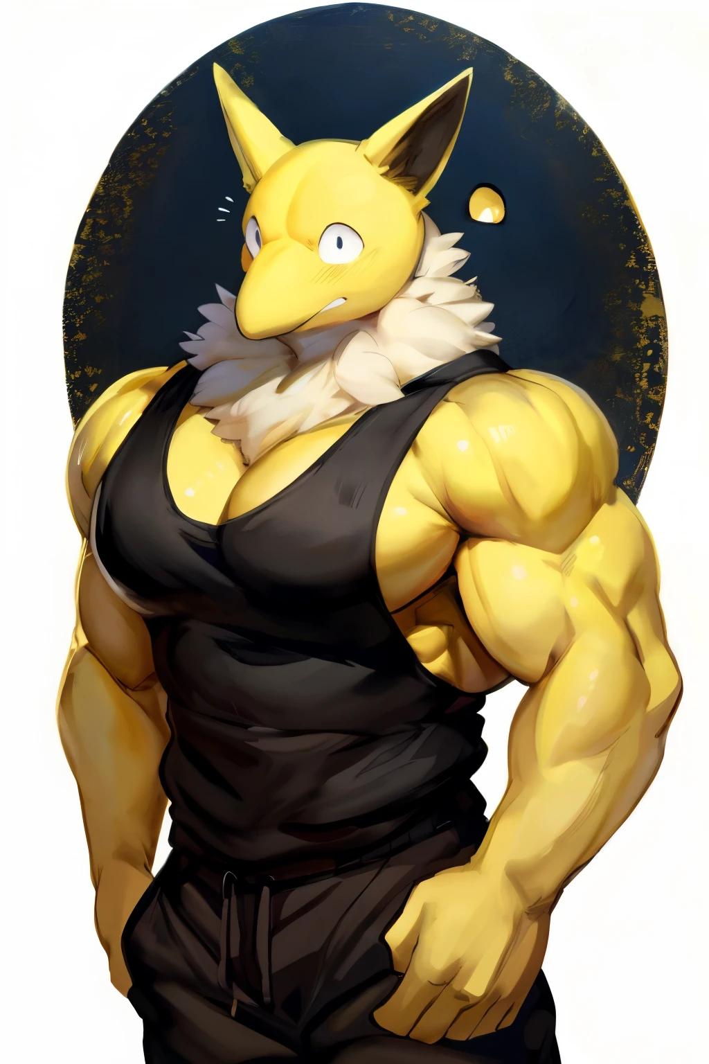 Furry, Anthro, solo, Hypno, Male, (((muscular body, massive thighs, massive male pectorals, fluffy neck, yellow skin, wearing black tanktop, wearing black sweatpants))), ((((massive biceps)))), ((((((massive bulky torso, wide-eyed, head tilted, facing viewer)))))), black/yellow spraypainted background, by buta99, by zackary911, by bebebebebe, (((digital painting)))