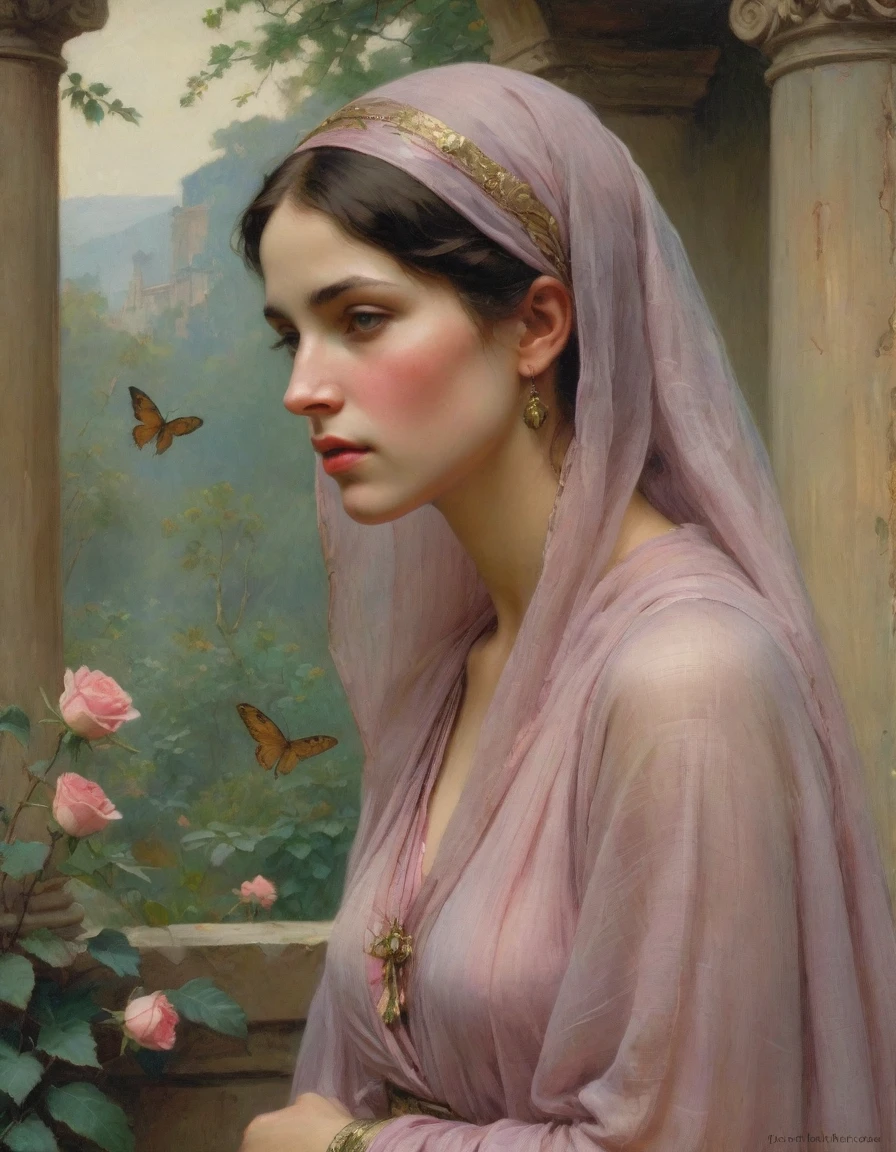 Masterpiece, ((realistic)), (propaganda poster), (((by John William Waterhouse))), (((Moebius Jean Giraud))), ((((profile portrait of a veiled roman woman, young, extremely beautiful!!!!!!!! pretty!!!!! face!!!!!, priestess, dignified, wearing silken robes, detailed moth and rose elements, muted colors)))), (((corinthian columns with moth elements, jungle background, mauve moths)))