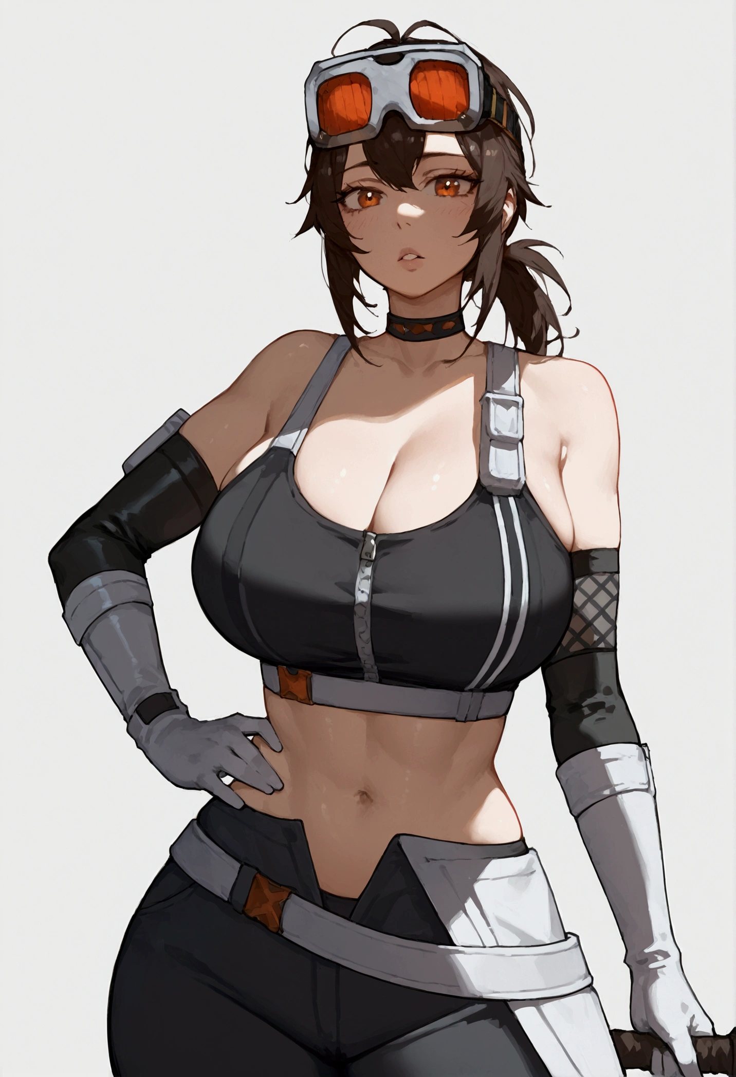 score_9, score_8_up, score_7_up, score_9, BREAK, 1girl, huge breasts, solo, score_9, score_8, score_8_up, gracehd-ponyxl, 1girl, black choker, black gloves, white gloves, black pants, black sports bra, elbow gloves, goggles on head, looking at viewer, low ponytail, parted lips, white gloves, zipper, belt, elijahzx style