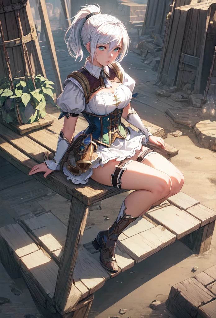 (Masterpiece:1.2), best quality, (illustration:1.2), (ultra-detailed), riven \(league of legends\), 1girl, folded ponytail, short dress, single pauldron, corset, white hair, sitting, full body, cowboy shot