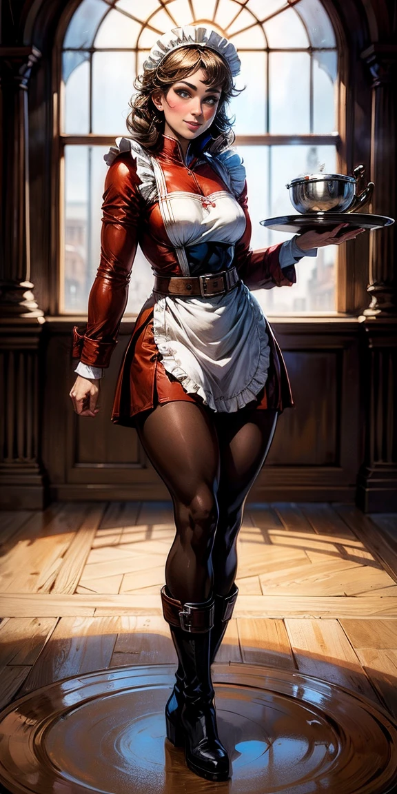 standing full body, Recto, symmetrical, lustful smile satisfied face blush red red cheeks, looking at the viewer, holding tray, braid, maid headdress, maid, dress, apron, long sleeves, brown pantyhose, long leather military boots, thighs, long white hair, masterpiece