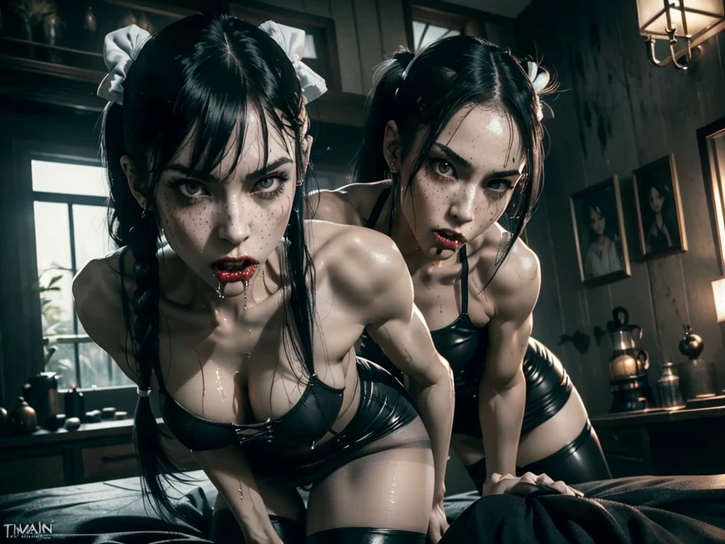 (((red dripping blood))), ((1 female vampire with sharp perfect fangs)), (She is sucking on a man's penis to the hilt), she is biting into a man's penis with her sharp fangs intense, super slutty,, POV imamate insertion, (skintight slutty and revealing bodysuit), helpless and at a giantesses mercy ,the 2 women are looking down at you at their feet, ((POV from a Giantess's soon to be human dildo)), ((skirt/pantyhose)), perfect legs and skinny thighs, pantyhose, ((perfect tight ass)), tight wet pussy, giantess, dread, impending death, sex, domination, ((Perfect eyes and face)), ((closed wet full lips)), ((perfect hands and fingers)), ((( a lot of white cum is dripping out of her pussy))), ((she has a skinny and toned strong body)), ((makeup)), ((freckles)), ((perfect eyebrows)), ((sharper edges)), ((perfect scary grey eyes)), perfect intimidating face, slut, sadistic, predatory, better detail on her skin, perfect face and strong jawline, perfect full wet lips, sadistic atmosphere, wet sweaty skin, more detail, beautiful intimidating grey eyes, ((beautiful horror)), better lighting, more toned muscles, perfect detail on her intimidating eyes, very tight underwear, ((tight pussy)), (((tighter clothing))), slutty, intense, perfect detail, tight and sexy, ((piercings)), skinny, skinny and strong, more skin showing, intense, slutty, freckles, long skinny perfect legs, scary and intense, she is a skinny and toned 25 year old sexy and perfect and intimidating Japanese/American skinny/tone futuristic evil retribuition alice, pale white skin, eye contact, (full tall body is shown), (((hair with short ponytails and bangs))), , perfect face and eyes, she has a skinny and athletic body wearing pantyhose, only her full body is shown above the viewer looking down at him, perfect face, perfect strong jawline, perfect lips, best resolution, perfect bone structure, femdom, she has a skinny and toned young perfect body and legs, tight stockings