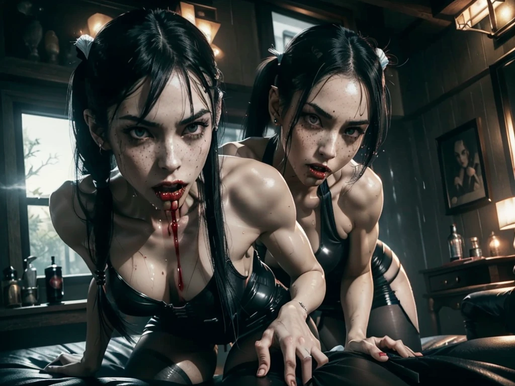 (((red dripping blood))), ((1 female vampire with sharp perfect fangs)), (She is sucking on a man's penis to the hilt), she is biting into a man's penis with her sharp fangs intense, super slutty,, POV imamate insertion, (skintight slutty and revealing bodysuit), helpless and at a giantesses mercy ,the 2 women are looking down at you at their feet, ((POV from a Giantess's soon to be human dildo)), ((skirt/pantyhose)), perfect legs and skinny thighs, pantyhose, ((perfect tight ass)), tight wet pussy, giantess, dread, impending death, sex, domination, ((Perfect eyes and face)), ((closed wet full lips)), ((perfect hands and fingers)), ((( a lot of white cum is dripping out of her pussy))), ((she has a skinny and toned strong body)), ((makeup)), ((freckles)), ((perfect eyebrows)), ((sharper edges)), ((perfect scary grey eyes)), perfect intimidating face, slut, sadistic, predatory, better detail on her skin, perfect face and strong jawline, perfect full wet lips, sadistic atmosphere, wet sweaty skin, more detail, beautiful intimidating grey eyes, ((beautiful horror)), better lighting, more toned muscles, perfect detail on her intimidating eyes, very tight underwear, ((tight pussy)), (((tighter clothing))), slutty, intense, perfect detail, tight and sexy, ((piercings)), skinny, skinny and strong, more skin showing, intense, slutty, freckles, long skinny perfect legs, scary and intense, she is a skinny and toned 25 year old sexy and perfect and intimidating Japanese/American skinny/tone futuristic evil retribuition alice, pale white skin, eye contact, (full tall body is shown), (((hair with short ponytails and bangs))), , perfect face and eyes, she has a skinny and athletic body wearing pantyhose, only her full body is shown above the viewer looking down at him, perfect face, perfect strong jawline, perfect lips, best resolution, perfect bone structure, femdom, she has a skinny and toned young perfect body and legs, tight stockings 